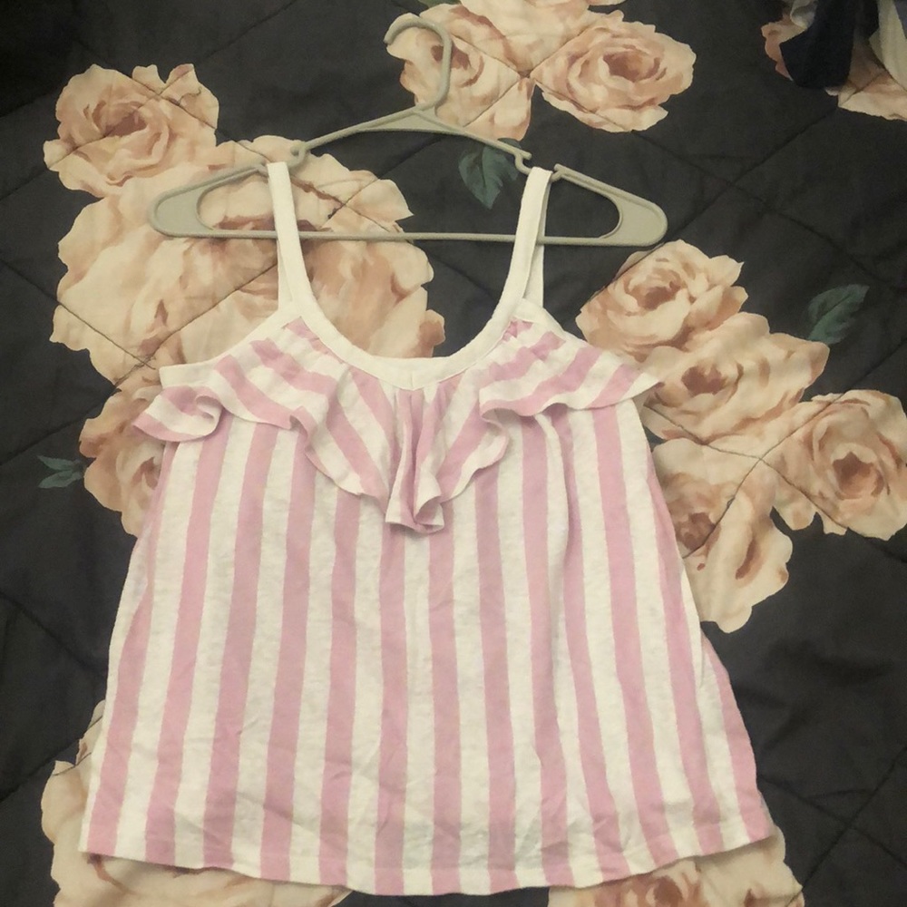 Pink and White striped XS V-neck tank top with ruffle top